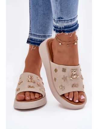 Zamszowe Klapki Damskie Z Przypinkami Vinceza 66741 Beżowe