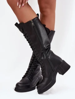 Skórzane Sznurowane Kozaki Na Klocku Ocieplane Vinceza 66804 Czarne