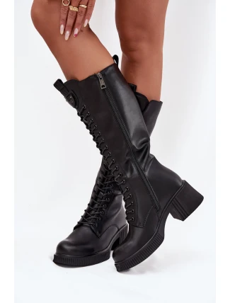 Skórzane Sznurowane Kozaki Na Klocku Ocieplane Vinceza 66804 Czarne