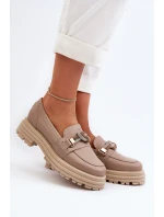 Skórzane Mokasyny Damskie Z Ozdobą Laura Messi 2780 Ciemnobeżowe