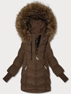 Dámska zimná bunda s pletenými rebrovanými manžetami Goodlookin Brown (KK60615)