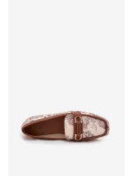 Wzorzyste Mokasyny Loafersy Damskie Z Ozdobnym Elementem Beżowo-Brązowe Evelora