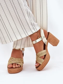 Skórzane Sandały Na Słupku Z Plecionką Na Paskach Zazoo 40460 Złote