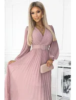 414-2 KLARA plisované šaty s opaskom a výstrihom - púdrovo ružové