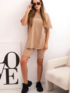 Dámsky bavlnený set s krátkym rukávom a šortkami camel