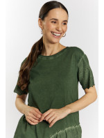 Bavlnené dámske tričko Monnari s prelamovanými volánikmi Bottle Green